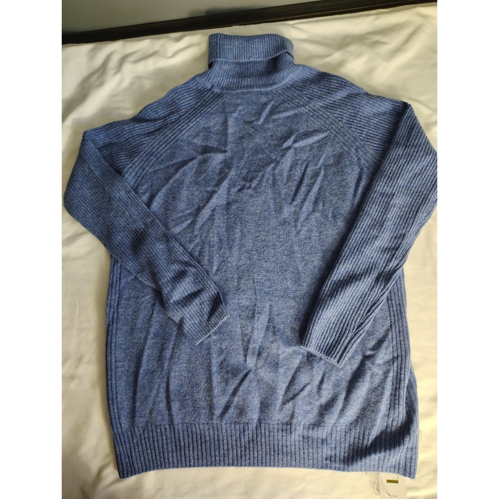 Liny Xin Blue 100% Superfine Merino Wool Turtleneck Ribbed Knit Sweater Large